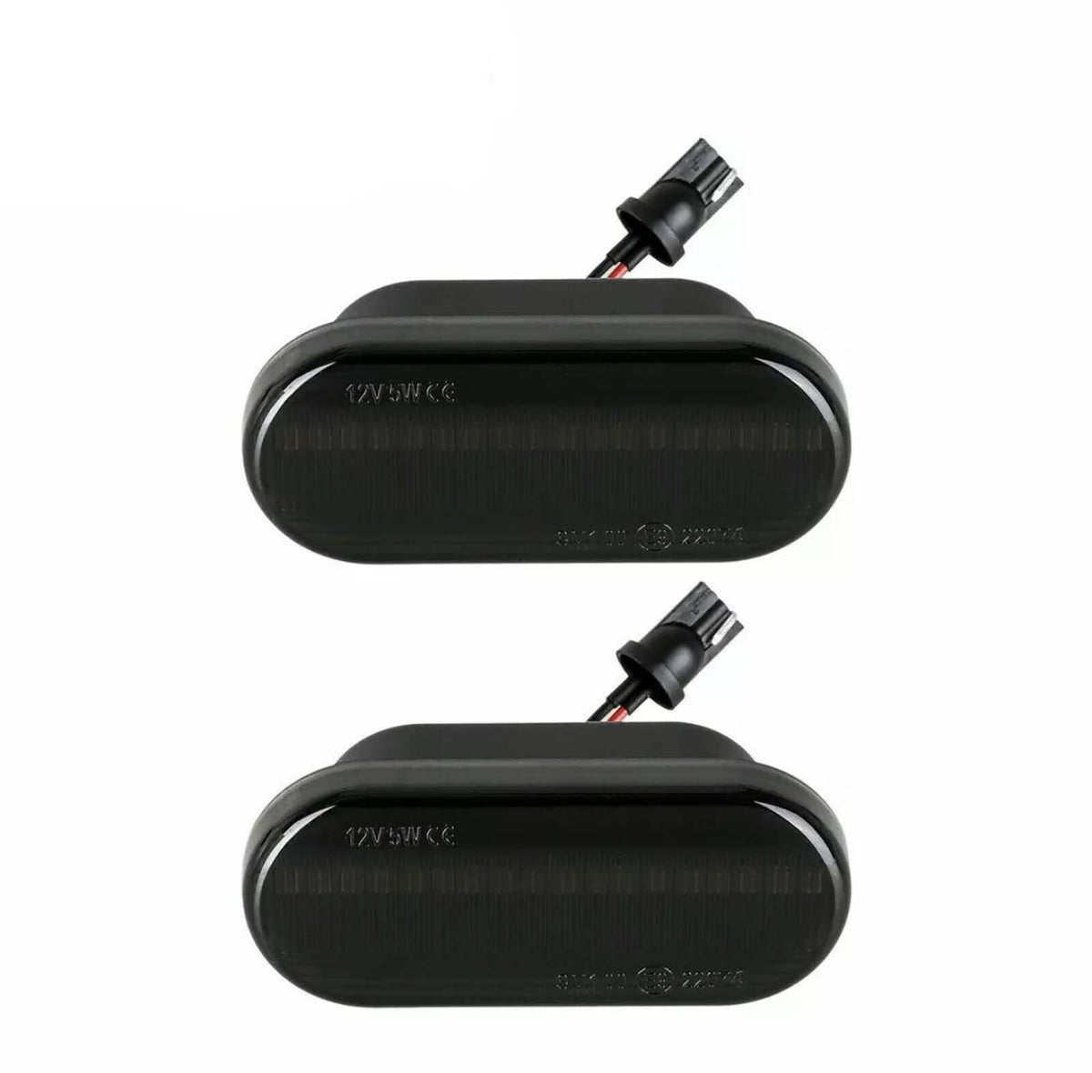 Two black rectangular automotive lights with connectors attached, displayed on a plain white background. Text on lights reads "12V 5W CE".