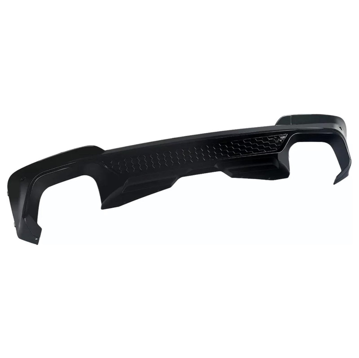 A black car bumper rests against a plain white background, featuring a textured honeycomb pattern and angular edges for aerodynamic styling.