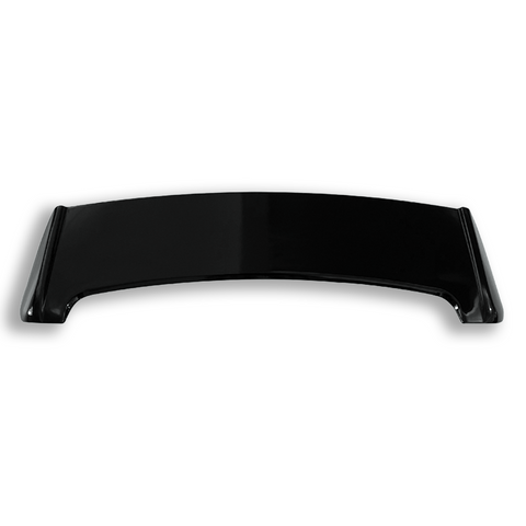 A sleek, black, curved spoiler lies flat against a plain white background, casting a subtle shadow underneath.