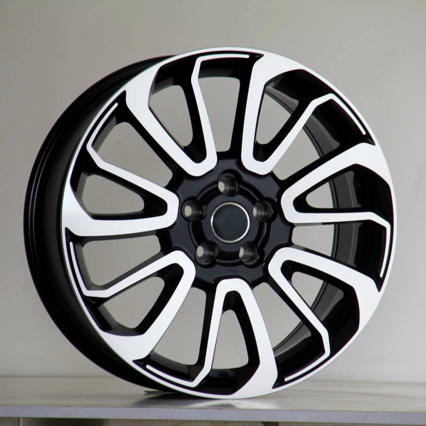 A black and white alloy wheel with ten curved spokes sits against a plain, light-gray background, resting on a flat surface.