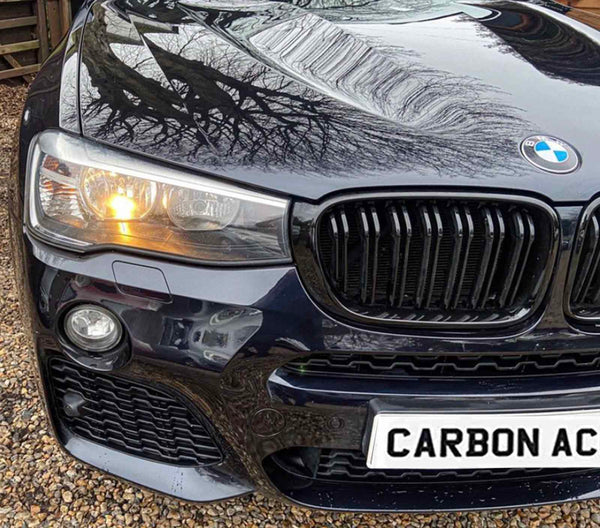 A black car's front grille and headlight are visible, with a tree's reflection on the hood. The license plate reads "CARBON AC." It is parked on gravel.