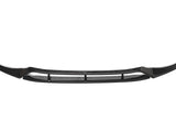 A glossy black car front splitter with angular ends is displayed against a plain white background, designed for aerodynamic enhancement in automotive applications.