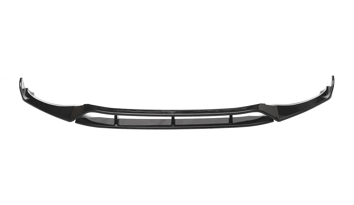 A glossy black car front splitter with angular ends is displayed against a plain white background, designed for aerodynamic enhancement in automotive applications.