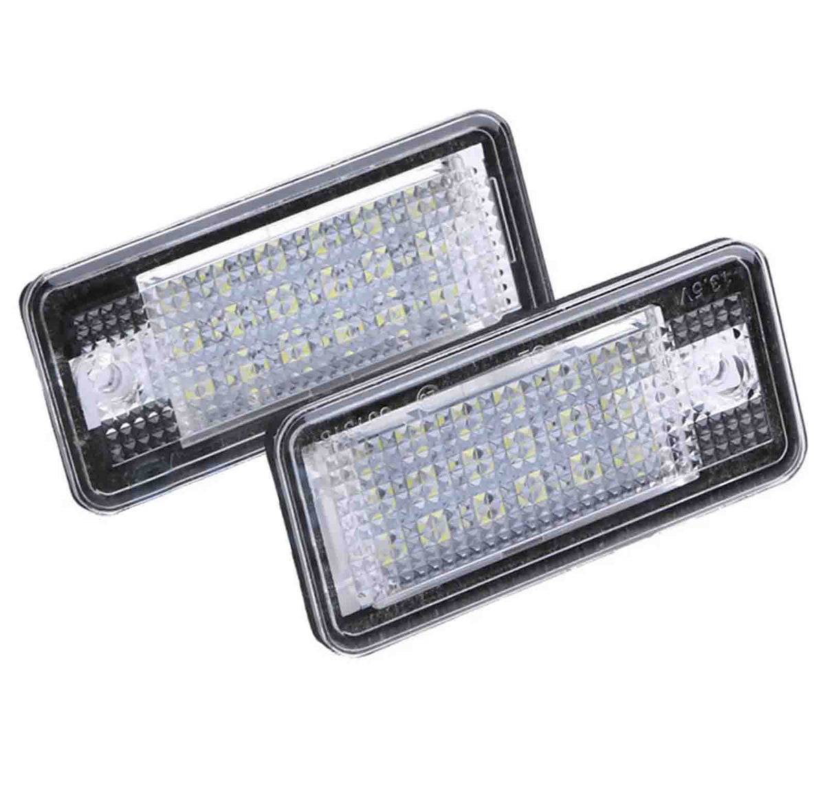 Rectangular LED lights are positioned diagonally, displaying a grid of small lights within clear, textured covers, set against a plain white background.