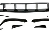 Car body kit components are arranged on a white background, including bumper covers and aerodynamic trim pieces, all in shiny black, designed to enhance vehicle appearance and performance.
