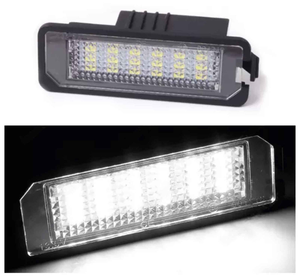 A rectangular LED light with multiple bulbs is shown in two images. The top image displays the unlit light against a white background, while the bottom image shows it illuminated in the dark.
