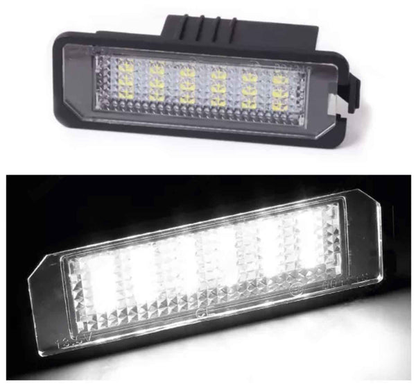 A rectangular LED light with multiple bulbs is shown in two images. The top image displays the unlit light against a white background, while the bottom image shows it illuminated in the dark.
