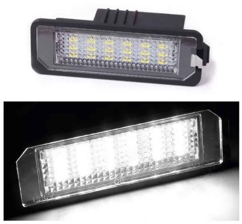 A rectangular LED light with multiple bulbs is shown in two images. The top image displays the unlit light against a white background, while the bottom image shows it illuminated in the dark.