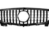 A black car grille features vertical bars and a central circular emblem space, designed for vehicle front-end placement, suggesting automotive function. The background is plain white, emphasizing the grille.