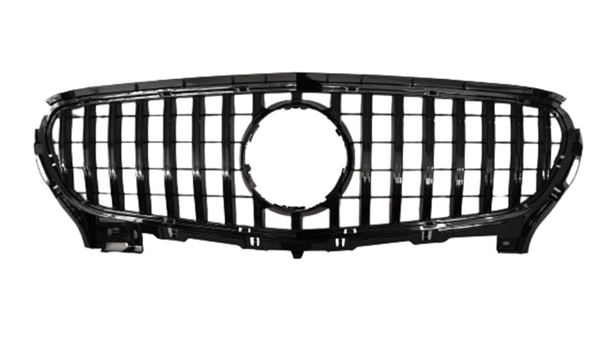 A black car grille features vertical bars and a central circular emblem space, designed for vehicle front-end placement, suggesting automotive function. The background is plain white, emphasizing the grille.