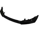A glossy black car bumper sits isolated against a white background, featuring mounting brackets and aerodynamic contours designed for vehicle attachment.