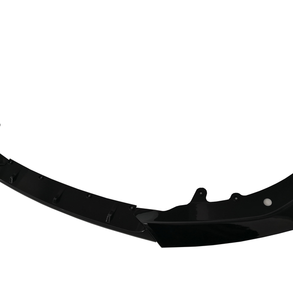A glossy black car bumper sits isolated against a white background, featuring mounting brackets and aerodynamic contours designed for vehicle attachment.
