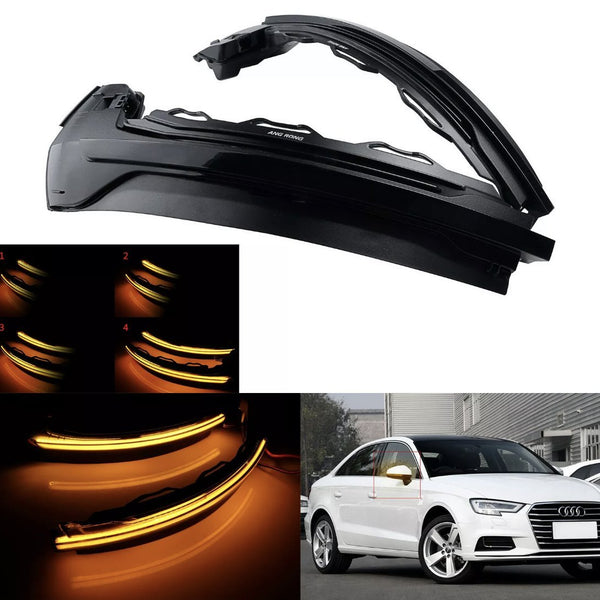 A set of sleek black LED turn signal lights is displayed, showcasing sequential illumination patterns. Inset images highlight four lighting phases and the installation on a white car's side mirror labeled "AMG RONG."