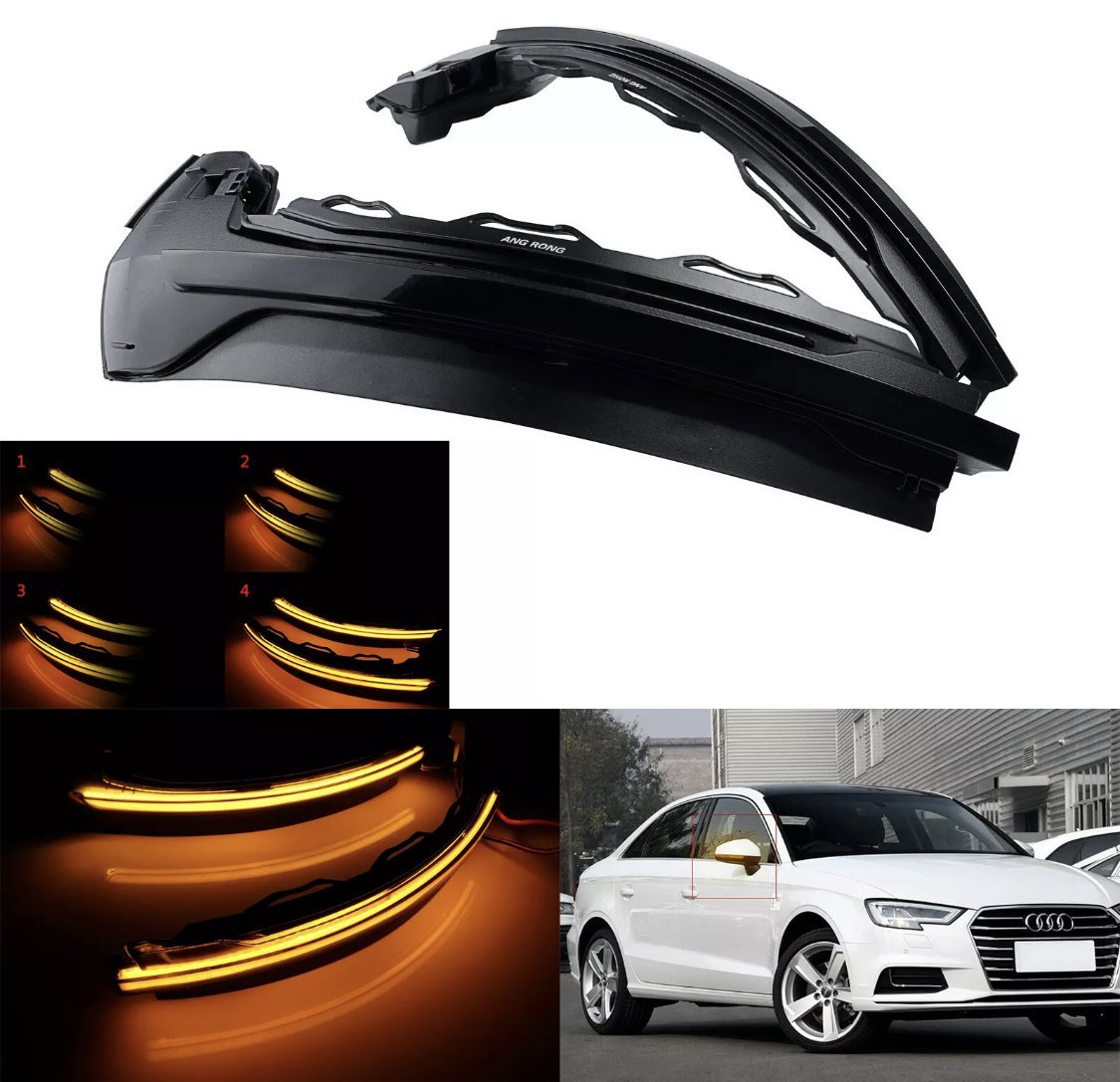 A set of sleek black LED turn signal lights is displayed, showcasing sequential illumination patterns. Inset images highlight four lighting phases and the installation on a white car's side mirror labeled "AMG RONG."