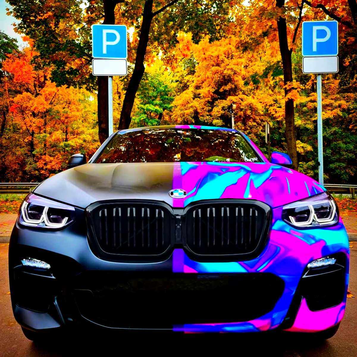 A car with one side in matte black and the other in vibrant purple and blue stands parked in front of two "P" parking signs. Autumn trees surround the area.