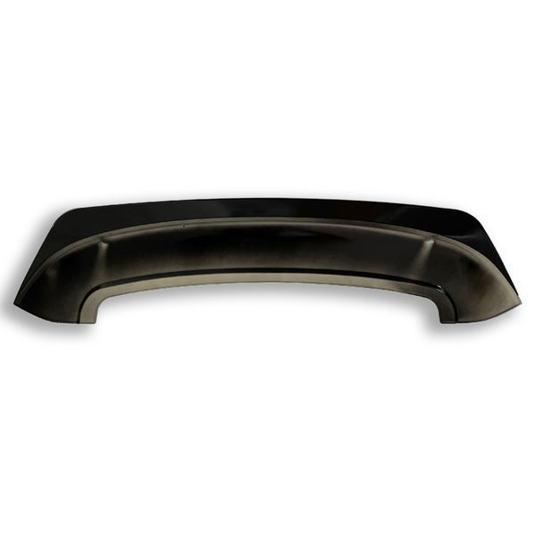 A black car spoiler sits angled against a plain white background. It features a sleek, curved design with aerodynamic edges, suggesting it's designed for a vehicle's rear.
