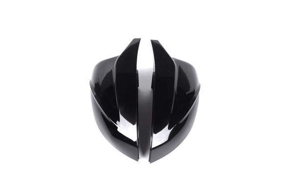 A shiny, black, futuristic helmet with sleek, curved shapes is split down the middle, placed against a plain white background.