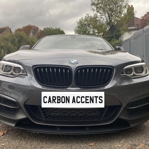A dark gray BMW car with distinct headlights is parked on a residential street. The license plate reads "CARBON ACCENTS," surrounded by brick houses, trees, and a cloudy sky.