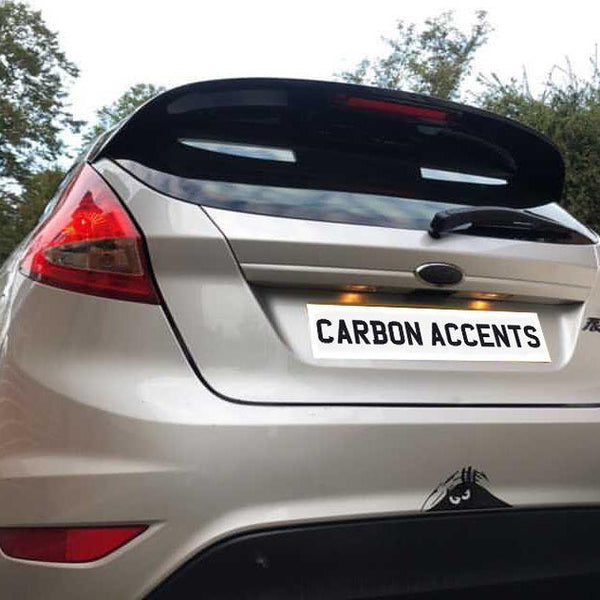 A silver car with a rear spoiler and "CARBON ACCENTS" on the rear plate is parked in a driveway surrounded by trees and bushes.