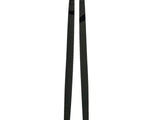 Two black, shiny chopsticks are positioned parallel to each other on a plain white background. The chopsticks are straight, slender, and taper towards one end.