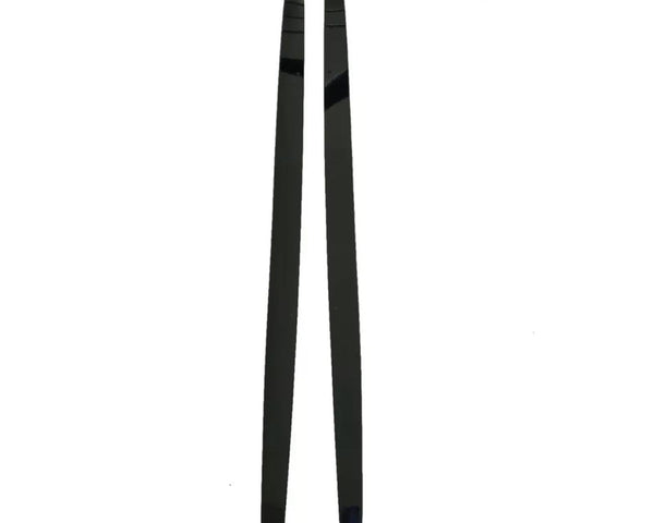 Two black, shiny chopsticks are positioned parallel to each other on a plain white background. The chopsticks are straight, slender, and taper towards one end.