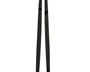 Two black, shiny chopsticks are positioned parallel to each other on a plain white background. The chopsticks are straight, slender, and taper towards one end.