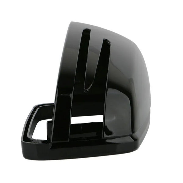 A shiny black plastic car side mirror cover with a sleek design is standing upright against a plain white background.