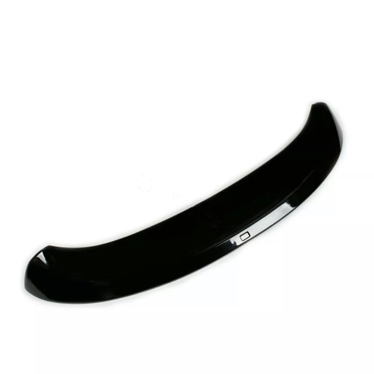 A shiny black car spoiler curves upward, designed to improve aerodynamics, set against a plain white background.