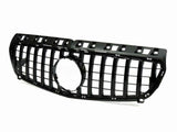Black car grille with vertical slats and a central circular opening, designed for vehicle front-end installation, against a plain white background.