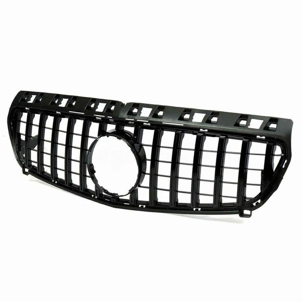 Black car grille with vertical slats and a central circular opening, designed for vehicle front-end installation, against a plain white background.