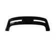 A black automotive bumper with two elongated cutouts lies on a plain, white background, showcasing its smooth surface and contoured design.