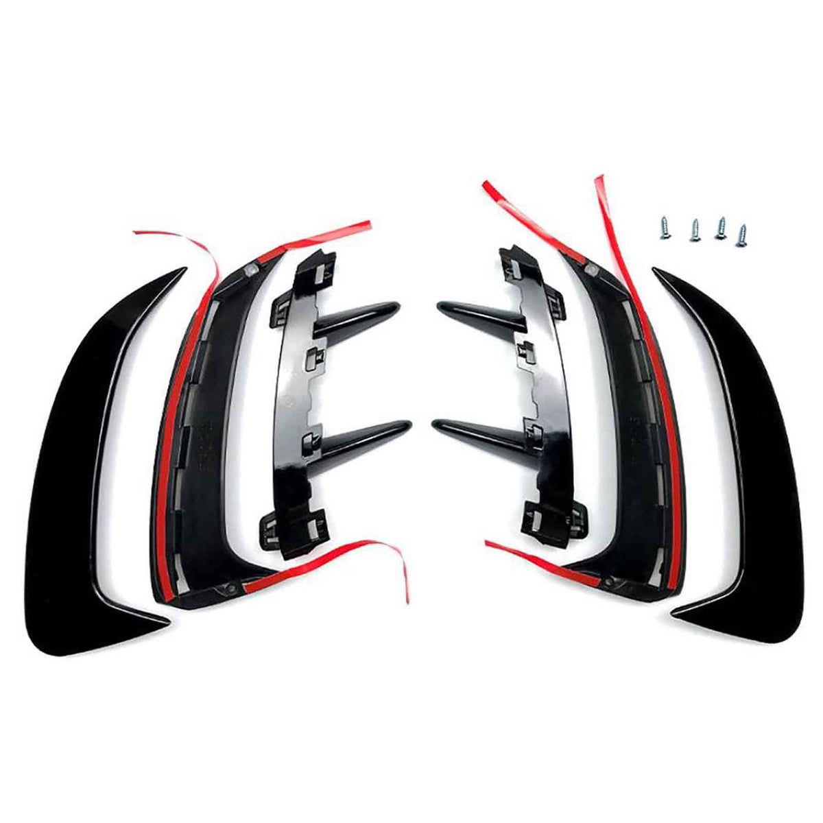 Car spoiler components, disassembled and laid flat, include curved aerodynamic pieces with red adhesive strips and five screws for assembly, presented against a plain white background.