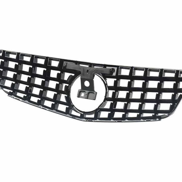 A black, rectangular car grille with a circular center mount is shown, featuring a grid pattern. It's isolated against a white background, highlighting its design details.