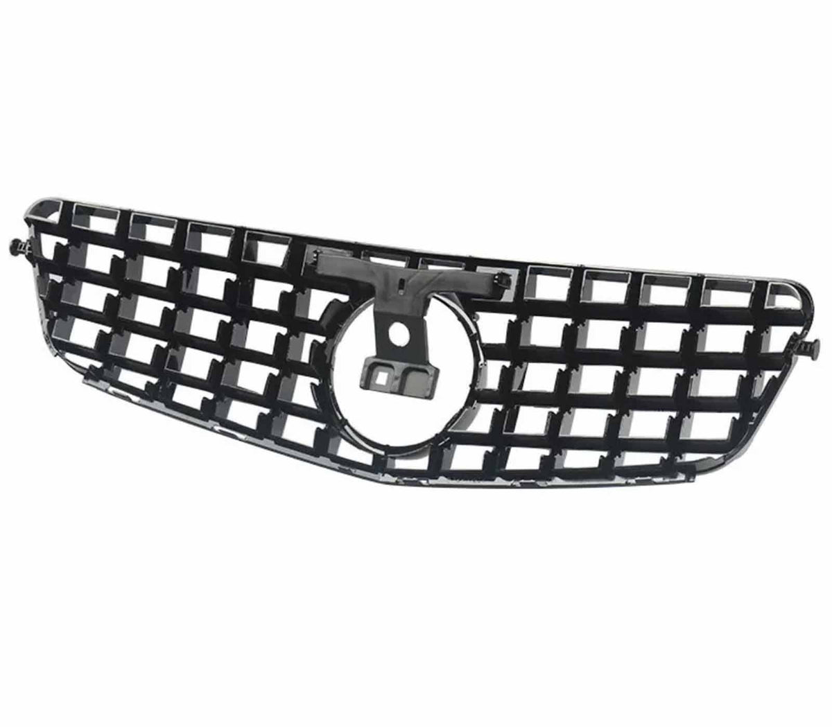 A black, rectangular car grille with a circular center mount is shown, featuring a grid pattern. It's isolated against a white background, highlighting its design details.