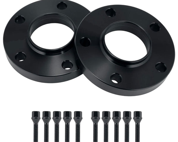 Two black wheel spacers lie side by side, each featuring multiple holes, accompanied by a row of ten matching bolts, against a plain white background.