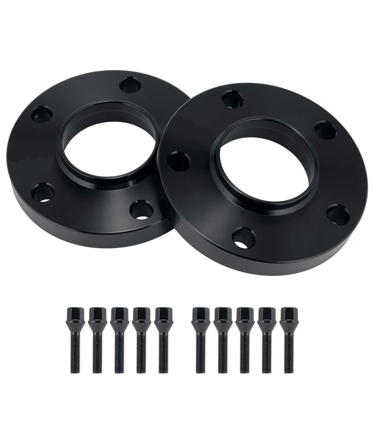 Two black wheel spacers lie side by side, each featuring multiple holes, accompanied by a row of ten matching bolts, against a plain white background.