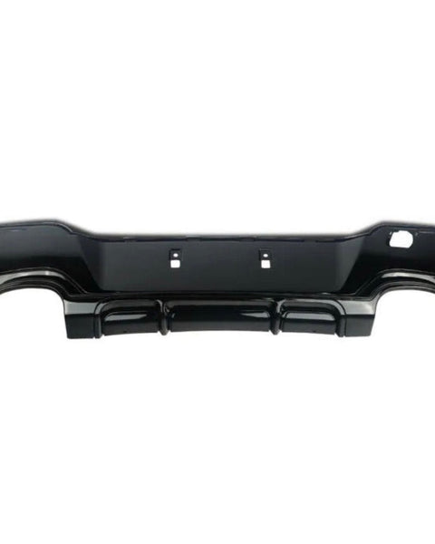 A black car bumper, detached, is displayed against a plain white background, showcasing its sleek design and mounting points.