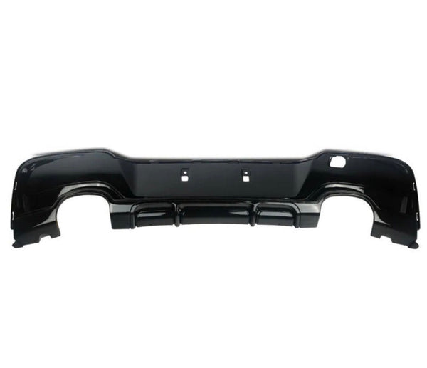 A black car bumper, detached, is displayed against a plain white background, showcasing its sleek design and mounting points.