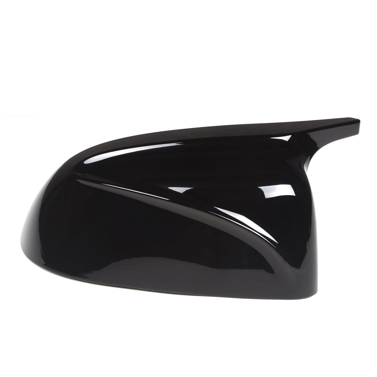 A glossy black car side mirror cover with a sleek, aerodynamic shape, displayed against a plain white background.