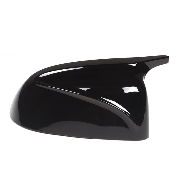 A glossy black car side mirror cover with a sleek, aerodynamic shape, displayed against a plain white background.