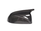Carbon fiber side mirror cover, glossy and textured, positioned on a plain white background.
