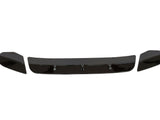 Three black car bumper parts, including a central spoiler and two end pieces, are aligned horizontally on a white background, suggesting an automotive component layout.