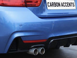 A blue car's rear with dual exhaust pipes; above them, a white license plate reads 