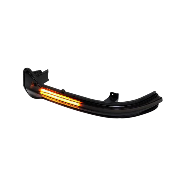 Curved black car indicator light, illuminating with an orange glow, isolated on a white background.