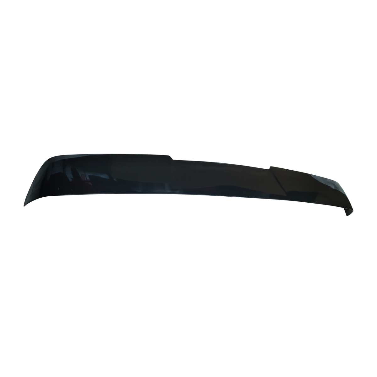 A sleek, black car spoiler lies flat against a white background, highlighting its glossy finish and aerodynamic curvature.
