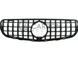 A black, rectangular automotive grille with a honeycomb design, centered round opening, displayed against a white background. Text overlay reads: 