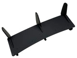 Black metal shelf with three supporting fins is oriented upwards. It is designed for mounting, with several screw holes visible. The background is plain white, providing contrast.