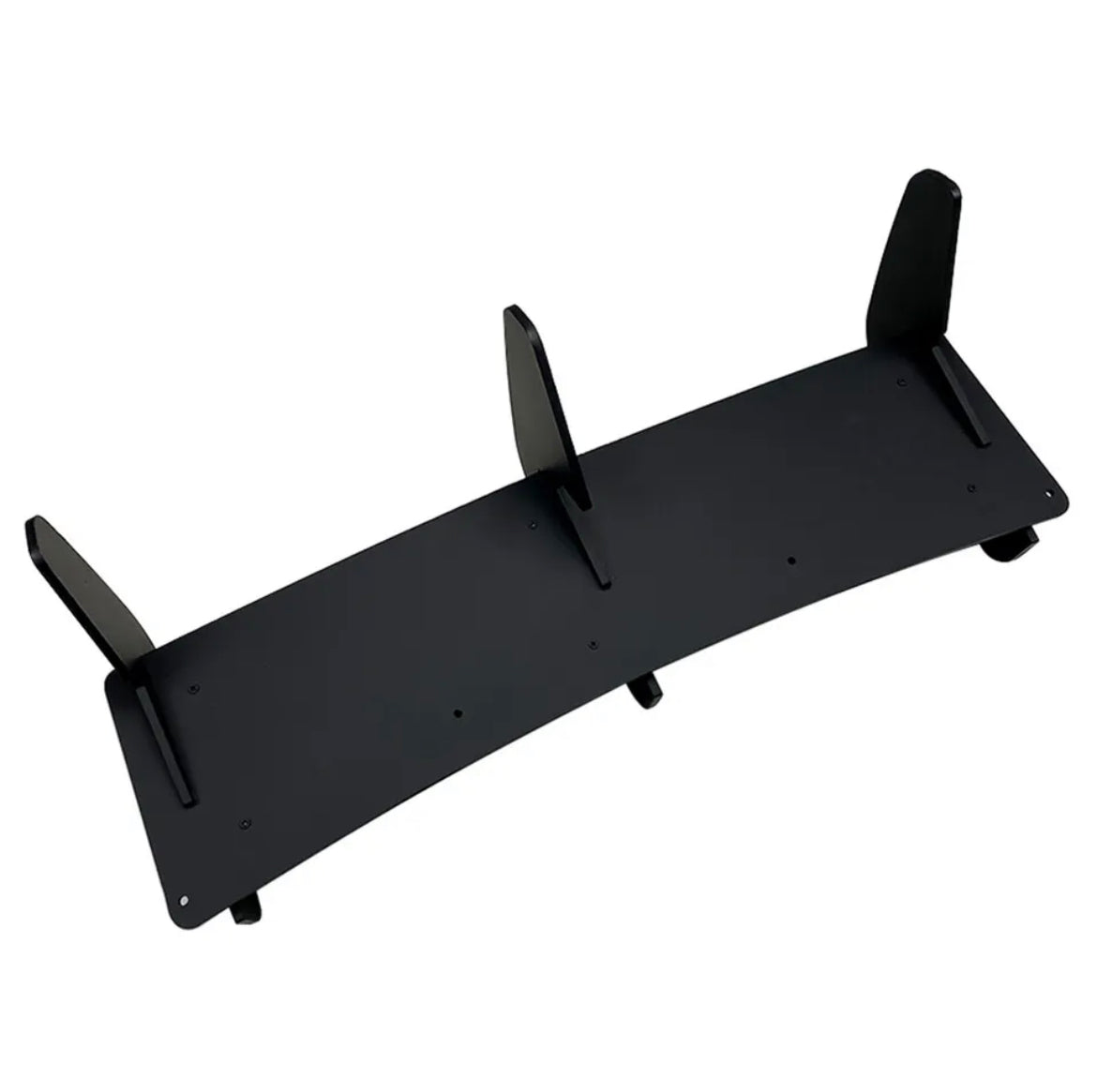 Black metal shelf with three supporting fins is oriented upwards. It is designed for mounting, with several screw holes visible. The background is plain white, providing contrast.