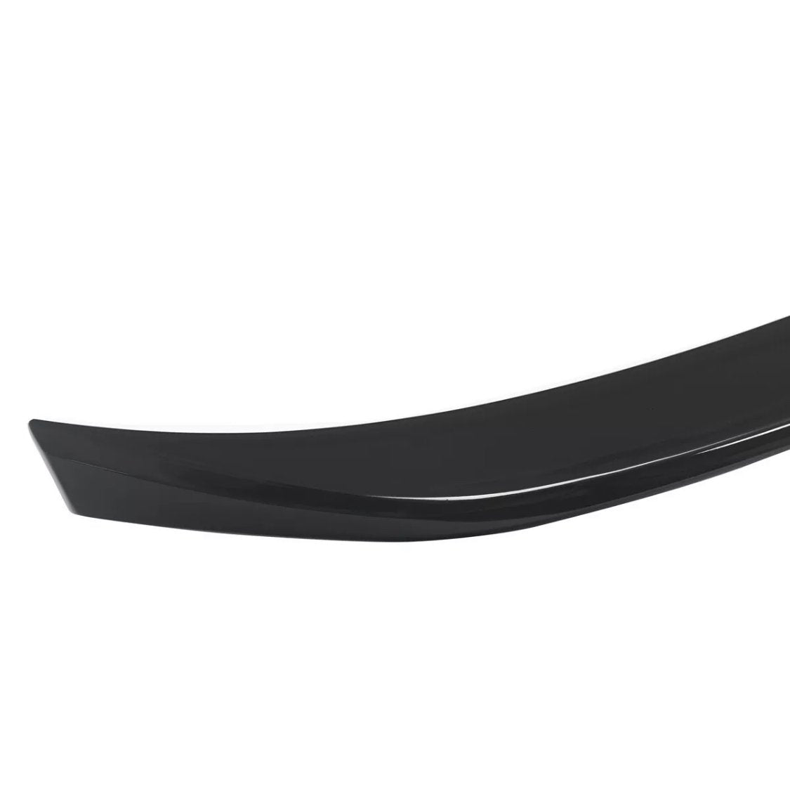 A sleek, curved black car spoiler, positioned on a plain white background, highlighting its aerodynamic design with smooth surface and contoured edges.