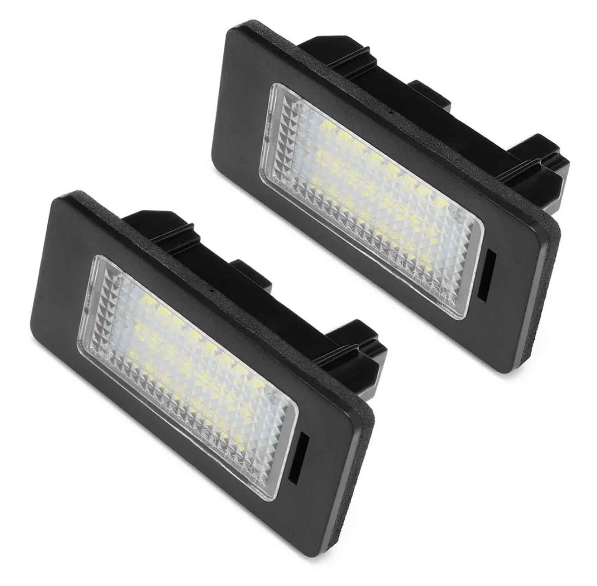 Two rectangular LED license plate lights positioned against a plain white background, featuring black frames and clear lenses revealing multiple small LED bulbs inside.